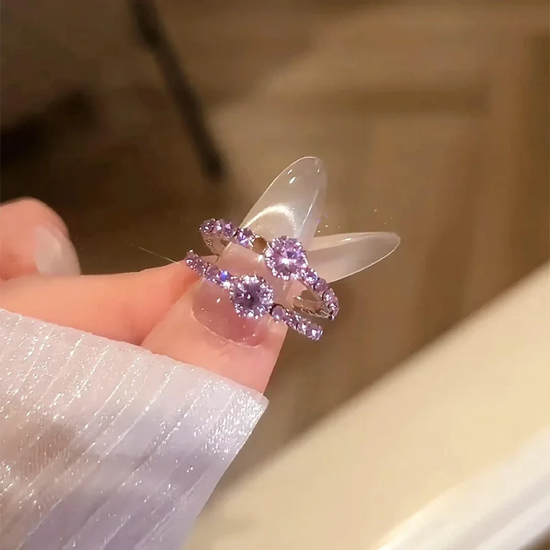 New in trend full diamonds purple gemstone rings for women cute light luxury layering style fashion ring jewelry accessories