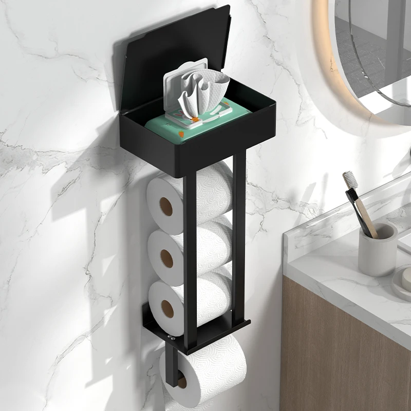 Black elegant sturdy toilet paper holder, space saving bathroom towel rack, multifunctional modern home storage rack, home decor