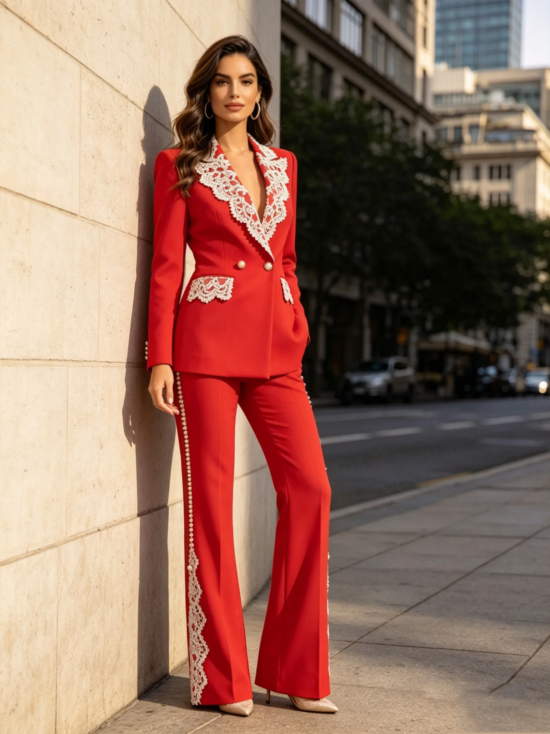 Rood Wit Kant Damespak Set 2 S - Women Formal Wear Coat recensie en prijs