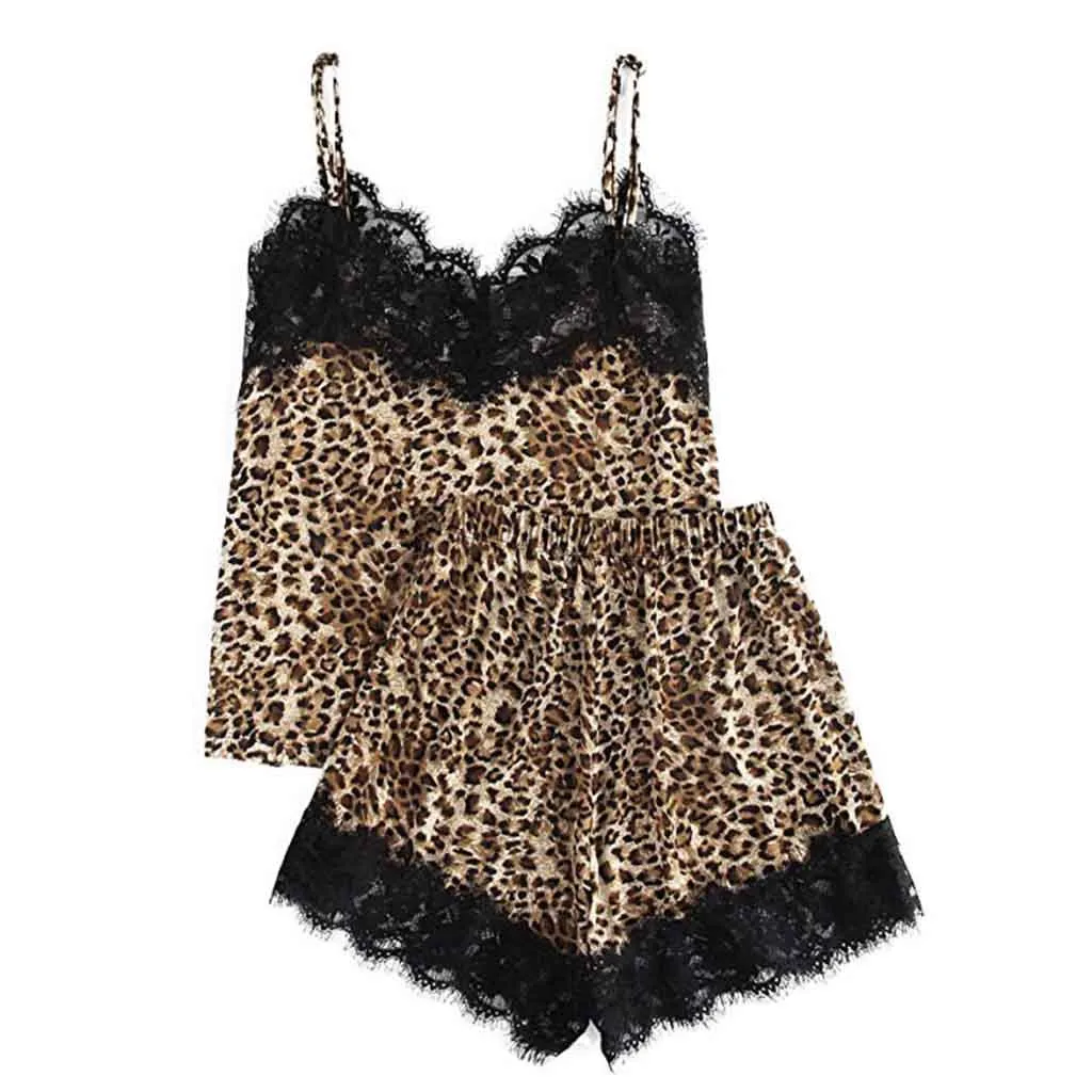 Women Bow Sleepwear Sleeveless Strap Nightwear Lace Trim Satin Camis Top Pajama Sets Lace Leopard Sexy Lingerie Pyjamas Ladies