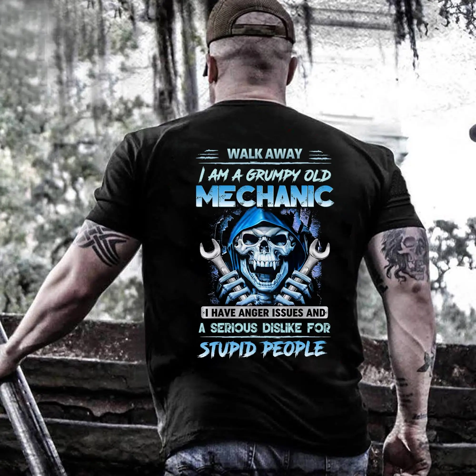 Grumpy Old Mechanic T-Shirt – Walk Away I Have Anger Issues – Funny Skull Wrench Graphic – Hardcore Garage Life Tee