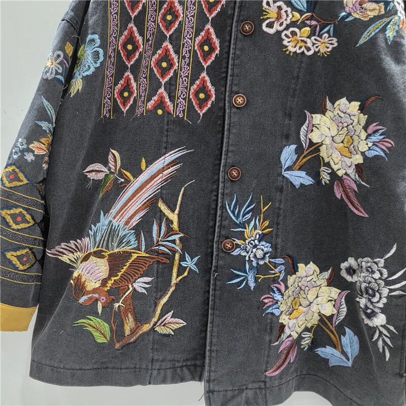 HKSH printemps automne nouvelles femmes veste en jean lourd artisanat broderie simple boutonnage Vintage Style chinois élégant Chic manteau HK16167