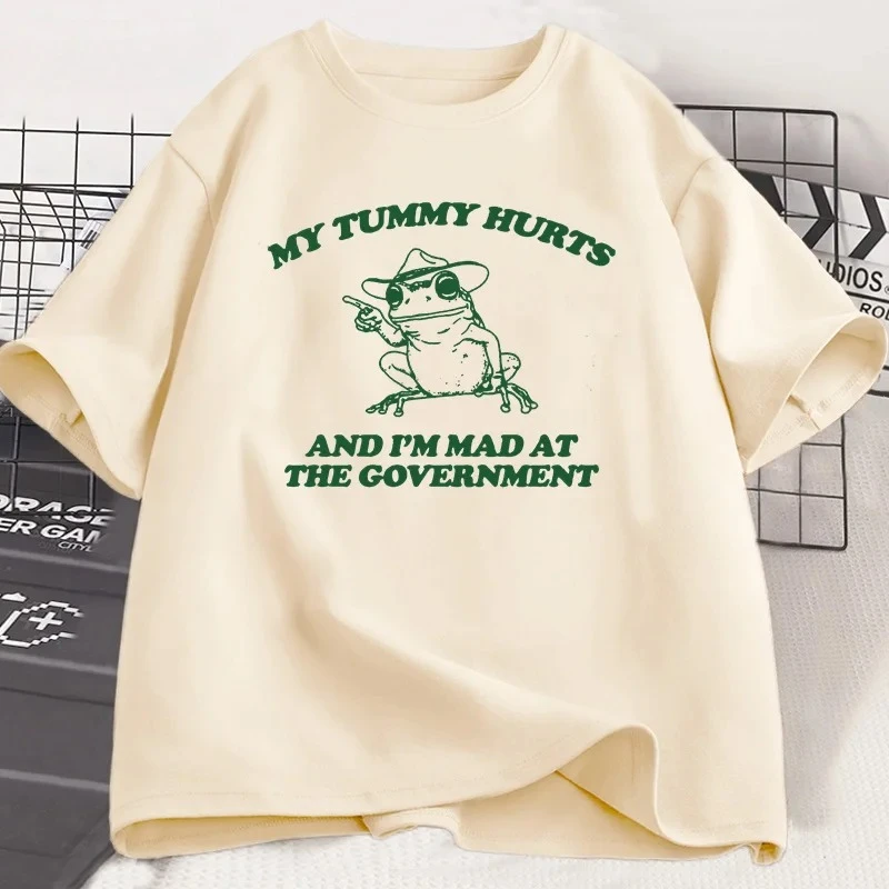 My stomach hurts T-shirt Funny frog graphic T-shirt Women's T-shirt Short sleeve T-shirt Street style top Personality graphic