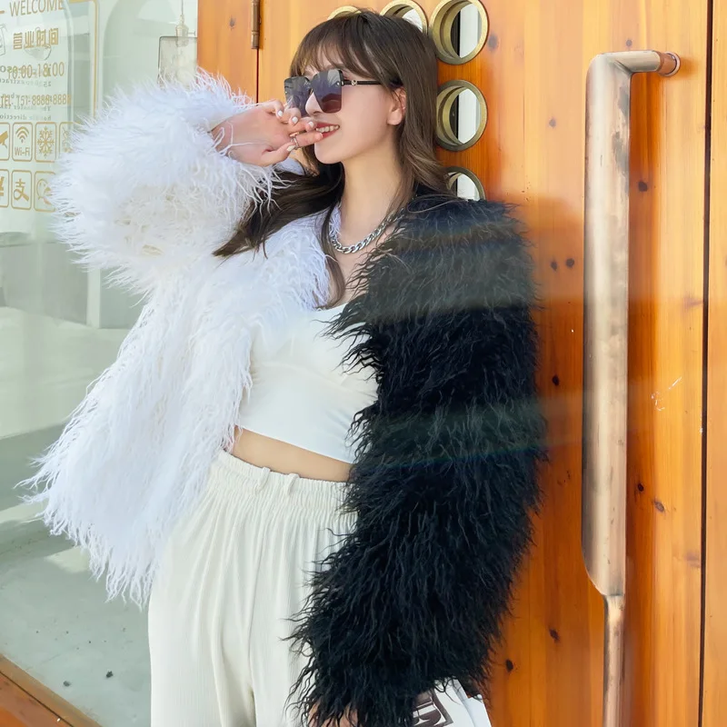 Women Spliced Contrast Colors Faux Mink Fur Coat Long Sleeve Fluffy Mongolia Sheep Fur Bomber Jacket Furry Tassels Cardigan Tops