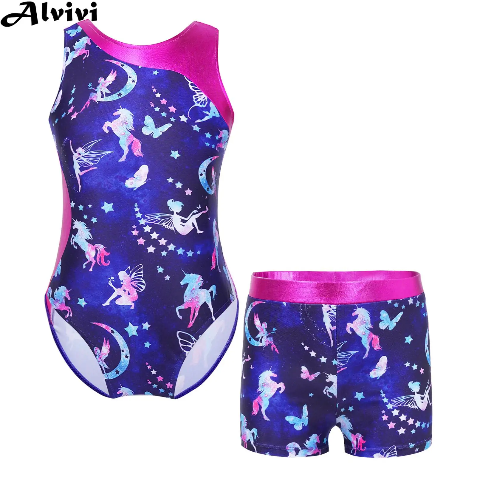 Kids Girls Ballet Gymnastic Leotard Dancwewear Sleeveless Print Bodysuit with Shorts for Dance Yoga Fitness Sports Swimwear