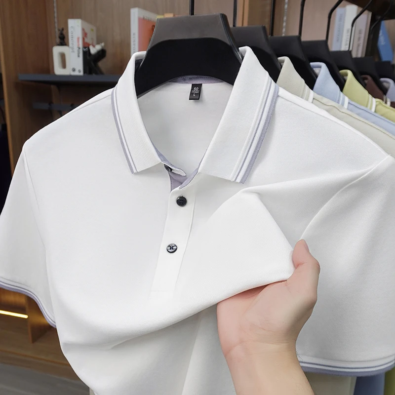

2026 Summer New Style Mulberry Silk Men's Polo Shirt Short Sleeve Iron-Free Collar Solid Color Casual T-Shirt
