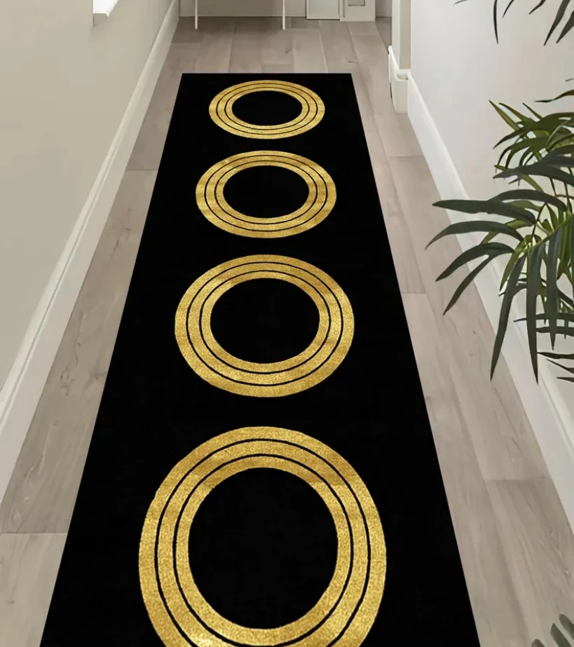 Luxury Black Gold Greek Key Border Runner Rug Modern Minimalist Non-Slip Hallway Kitchen Floor Mat Vintage Style Area Carpet view 2