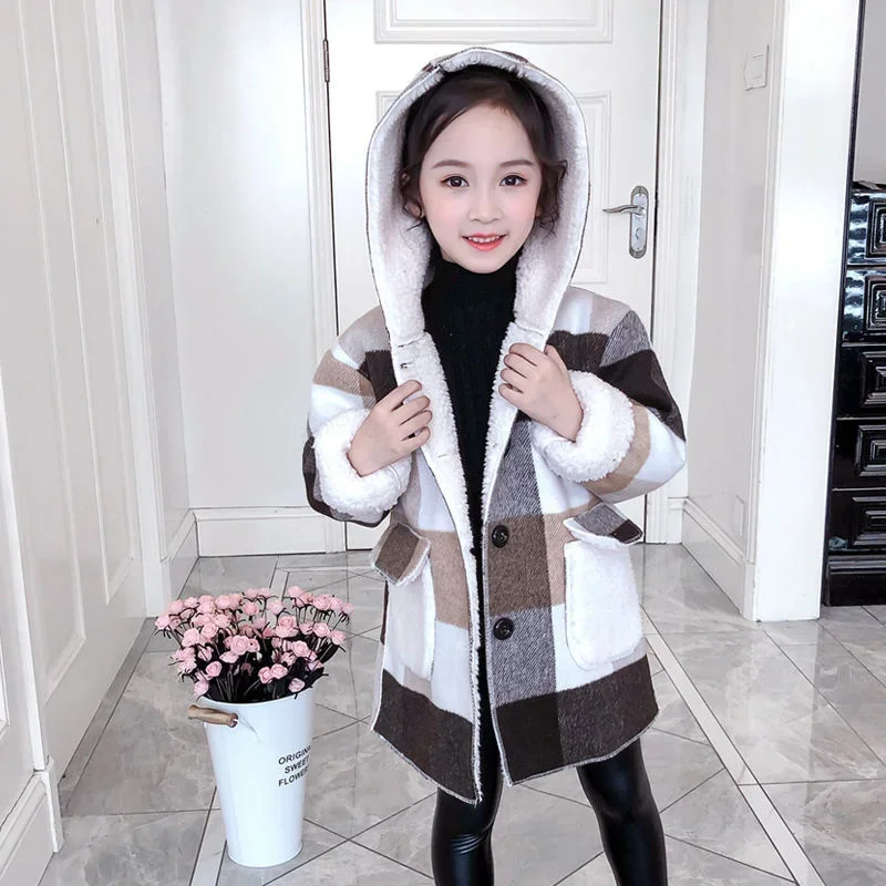 

Fashion Woolen Long Coat Children Clothing Teeange Girls Jackets 4-12Y Winter Girls Lamb Fleece Coat Warm Hooded Outerwear
