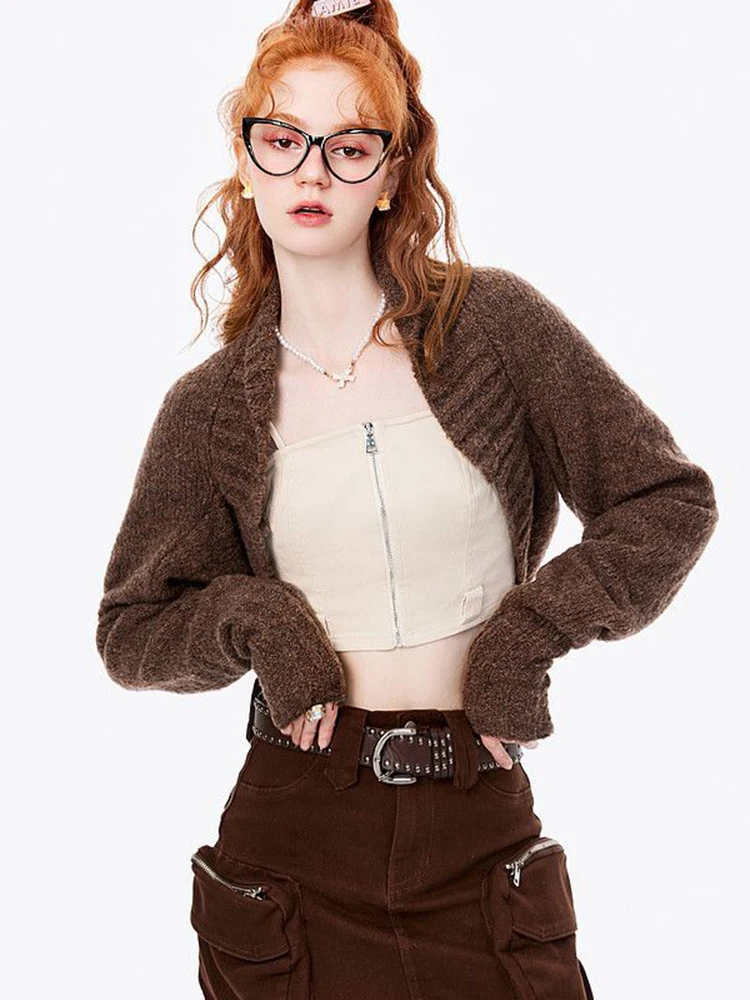 

Vintage Women Knitted Cardigan Fall Long Sleeve Scarf Collar Solid Cropped Sweaters Y2K Streetwear Hotsweet Retro Loose Tops