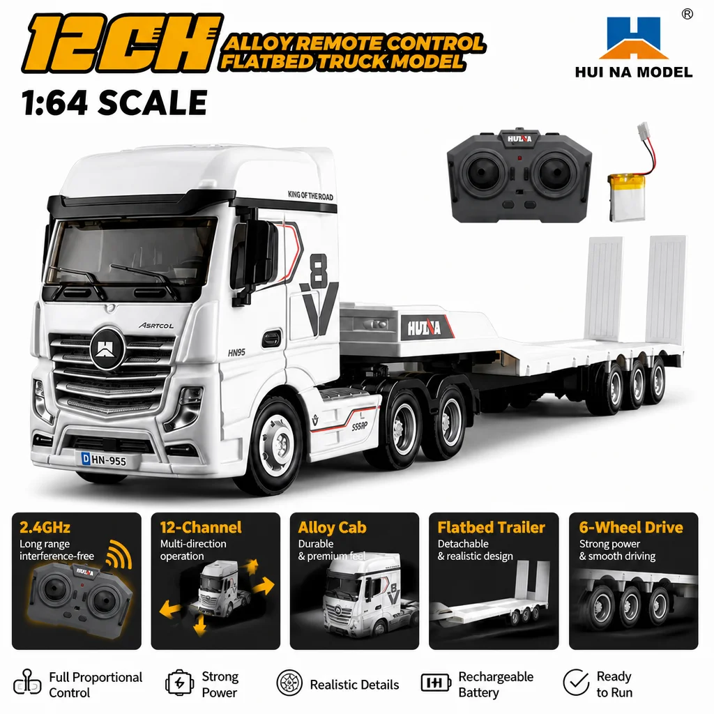 Huina Scale Full‑Scale RC Tractor Truck Flatbed Trailer Electric Remote‑Control Simulated Mini Desktop Hobby Model Toy Gift boys