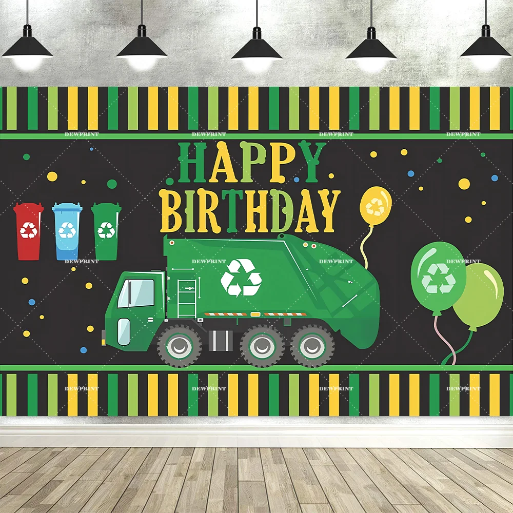 Dewprint Garbage Truck Birthday Decorations Backdrop Kids Trash Car Truck Green Environmental Theme Bday Banner Supplies Props