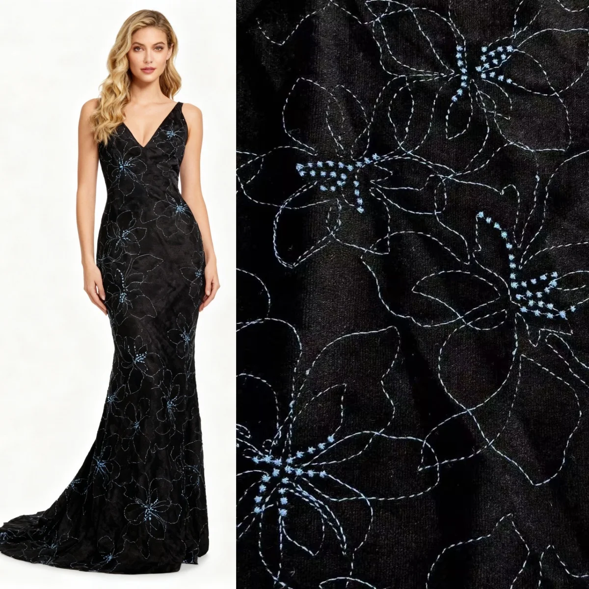 

Черно-белая мягкая бархатная ткань в сочетании с синей рубашкой Cheongsam с цветочной вышивкой и тканью для вечернего платья.