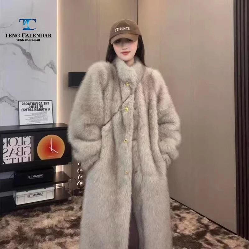 Imitation Fox Fur Grass, Fashionable Korean Loose Standing Collar Long Coat, Women's 2026 Winter New Style