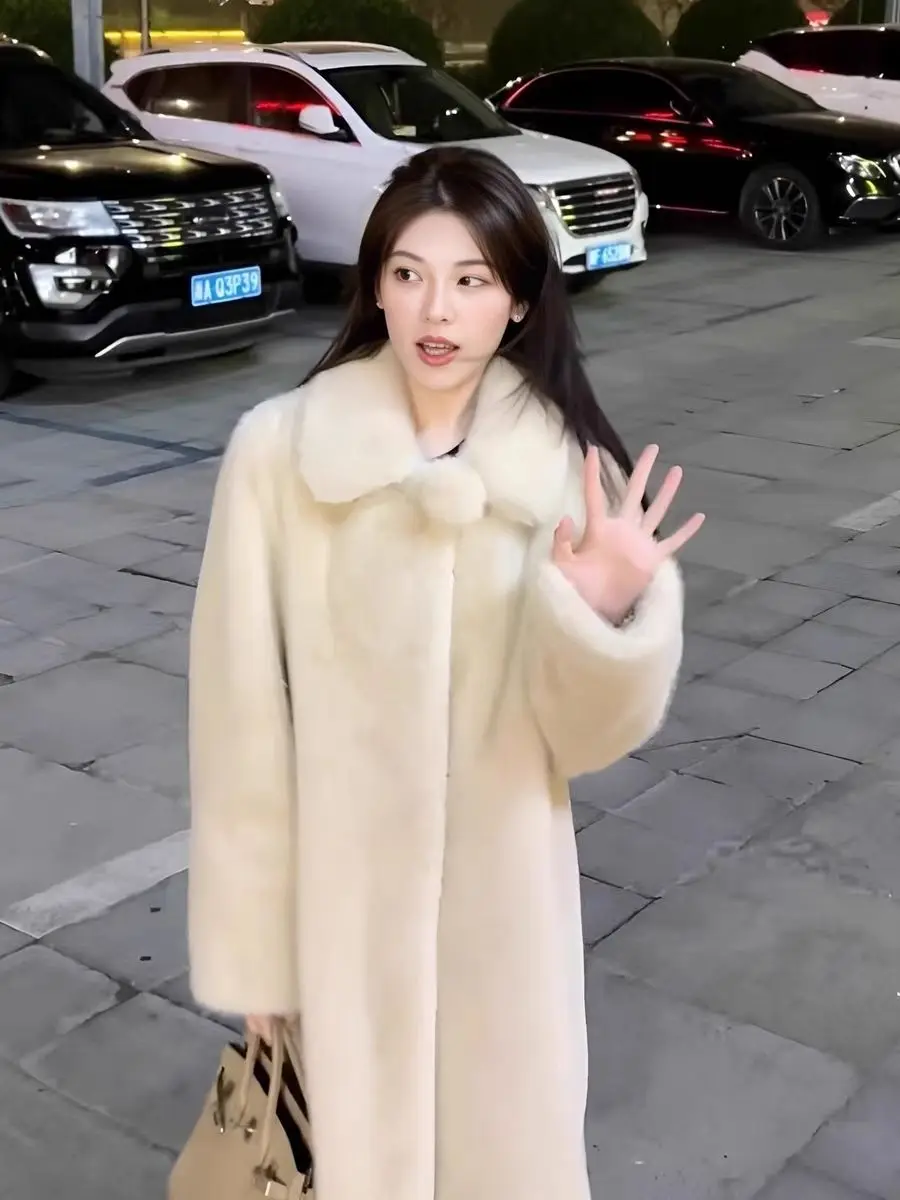 인조 모피 빈티지 코트 여성용 추운 날씨 오피스 캐주얼 니트 여성용 내추럴 터틀넥 부드럽고 두꺼운 조절 가능한 허리끈 코트