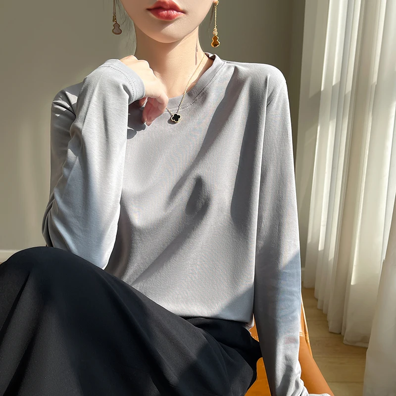 Mercerized cotton long-sleeved T-shirt Spring and Autumn new round neck cotton bottoming shirt loose foreign style Xinjiang cott