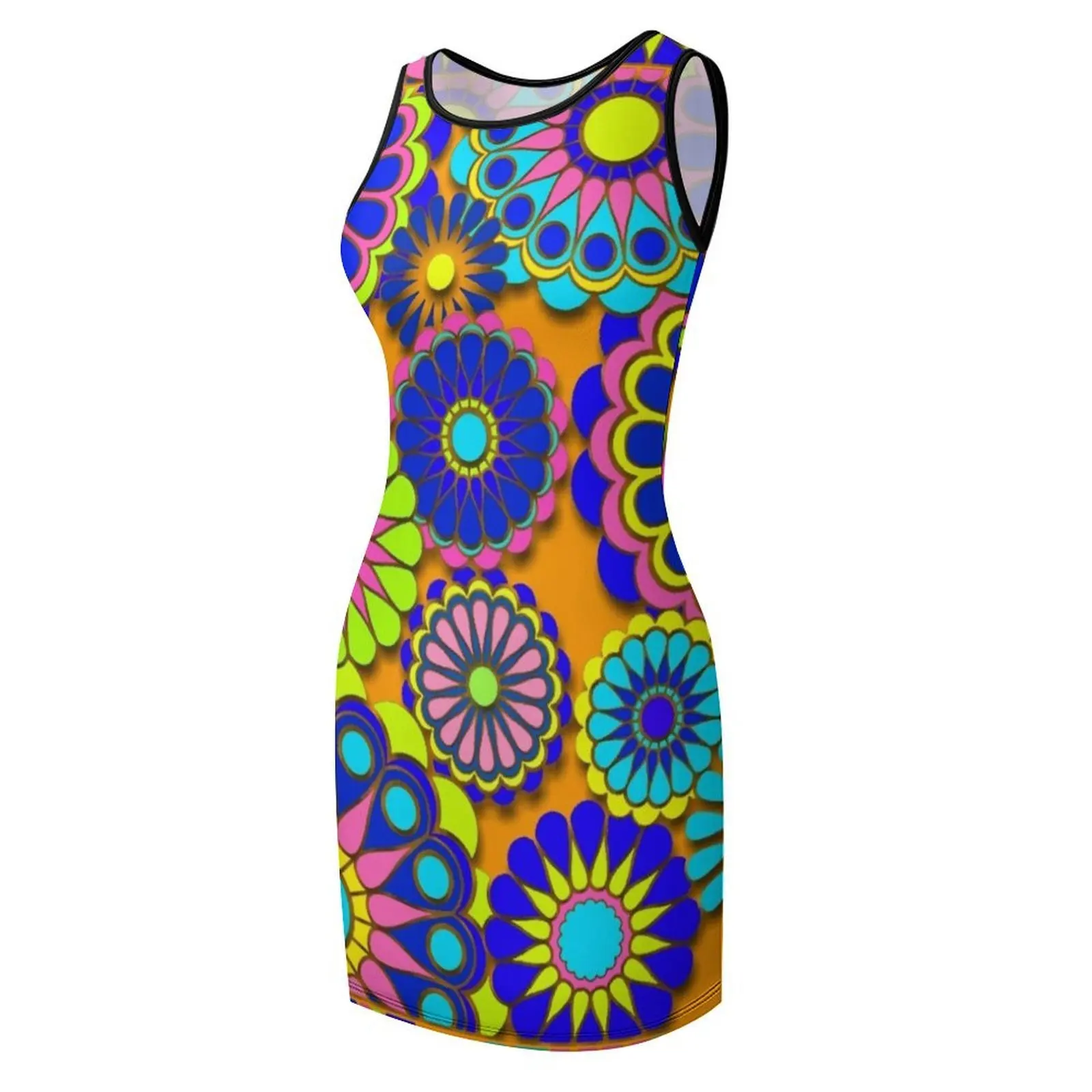 フラワーパワーレトロスタイルヒッピーフラワーノースリーブサンドレス女性のサマードレス女性のエレガントなルーズドレス