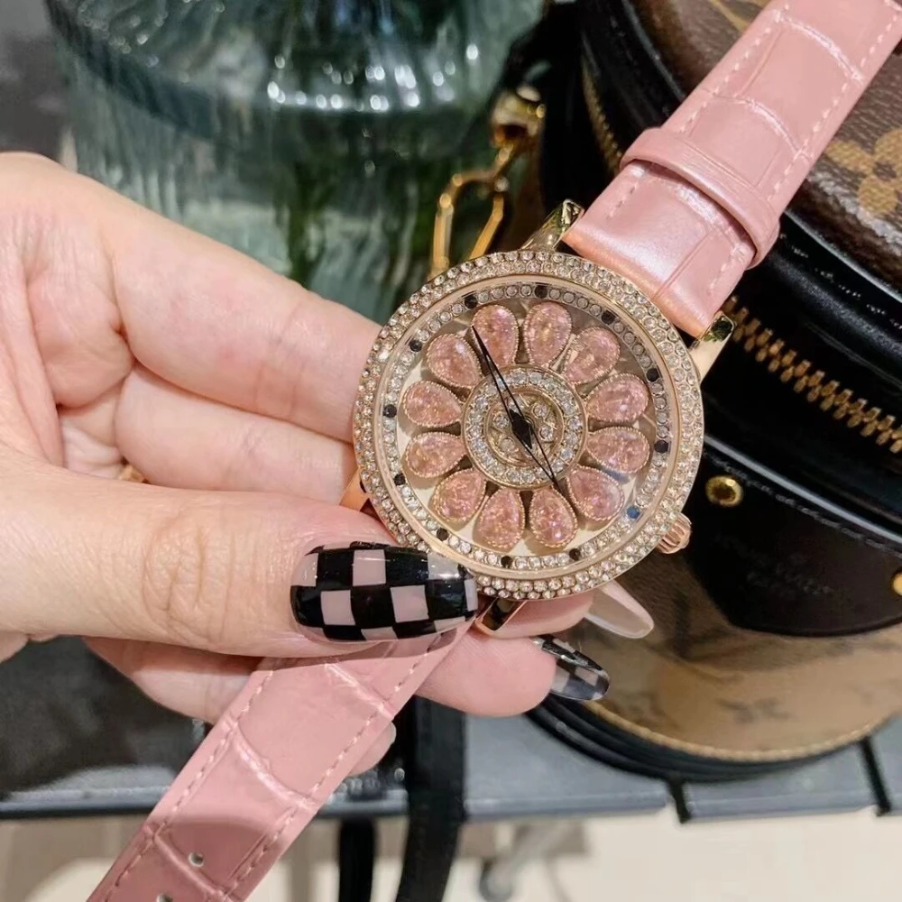 The Time Rotating Watch Dimini Large Dial Women Watches Starry Full Diamond Rhinestone Leather Strap Fashion Women\'s Watch