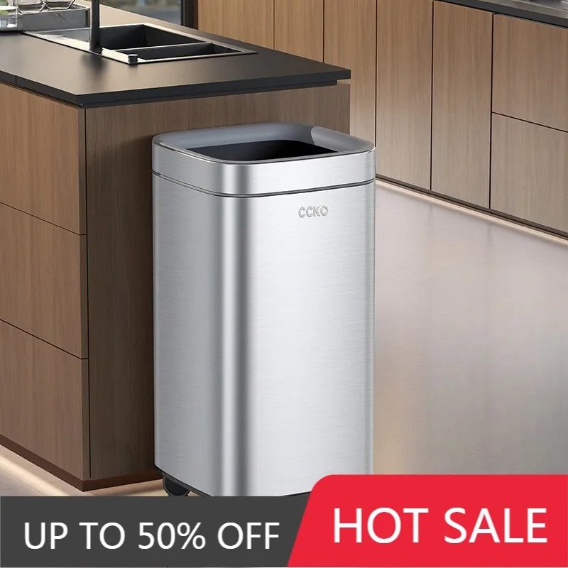 Modern Stainless Steel Trash Can Minimalist Rectangular Large Trash Bin Luxury Bathroom Wastebin Kitchen Wastebasket With Wheels