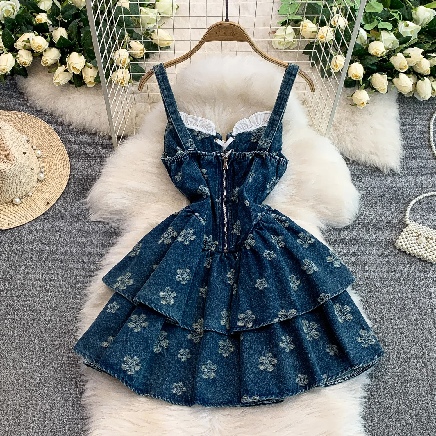 Vestido vaquero a la moda para mujer, vestidos escalonados florales de Jacquard con tirantes finos, vestidos sexis de fiesta en la playa de verano para mujer