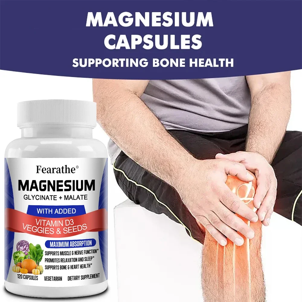 Magnesium Glycinate & Malate Complex, Vitamin D3, 100% Chelated for Maximum Absorption, Vegetarian - Bone Health, Nerve, Muscle