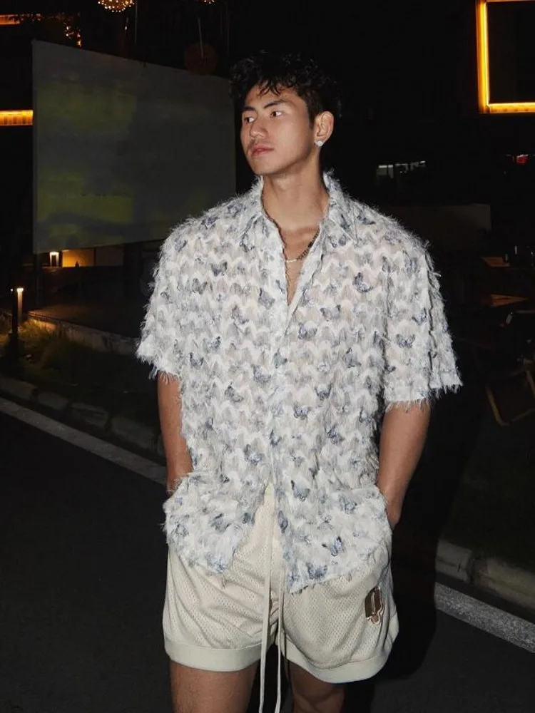 Summer Mens Loose Fit Butterfly Printed Tassels Holiday Casual Shirt Single Breasted Short Sleeve Beach Shirts High Street Tops