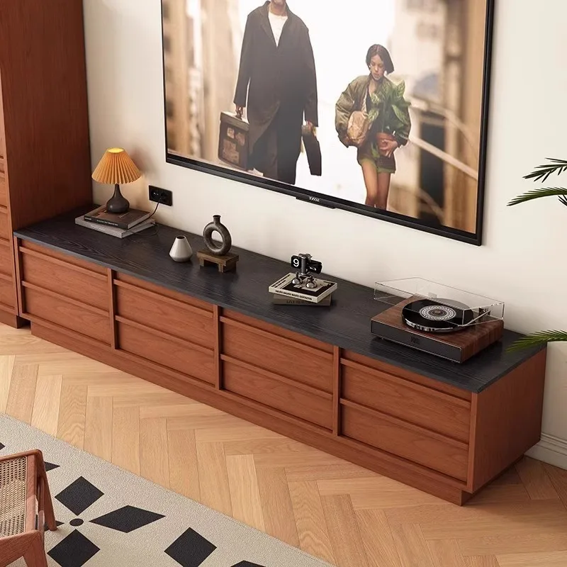 

French retro solid wood TV cabinet small apartment household bone line locker floor storage cabinet