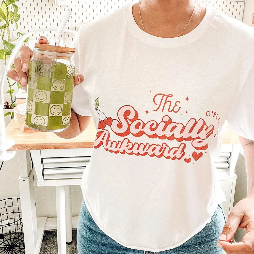 The Socially Awkward Girl Gang Printing T shirts Short Sleeve Women Cherry Tees Loose Cotton Crewneck Summer Casual Outfits