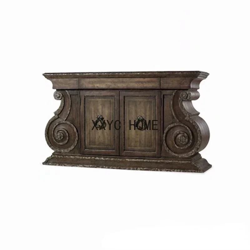 Solid Wood Entrance Cabinet Villa Vintage Distressed Sideboard Cabinet American Carved Double Door Locker Display Cabinet