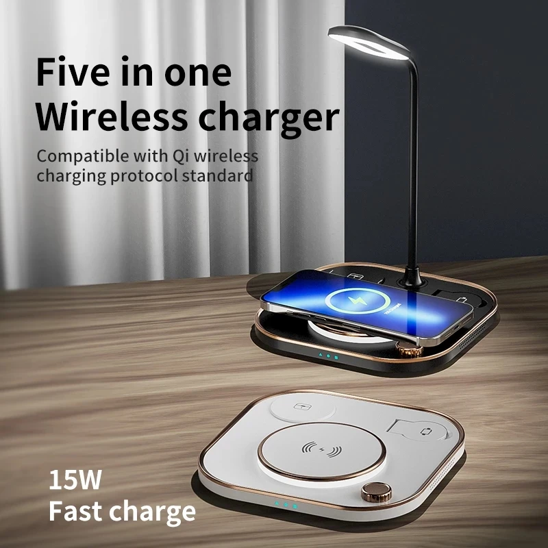 Fast Wireless Charger for iPhone, 4 in 1, 15W, iPhone 15, 14, 13, 12 Pro Max, iWatch, Airpods, Modern Office Desk Lamp, Magnetic