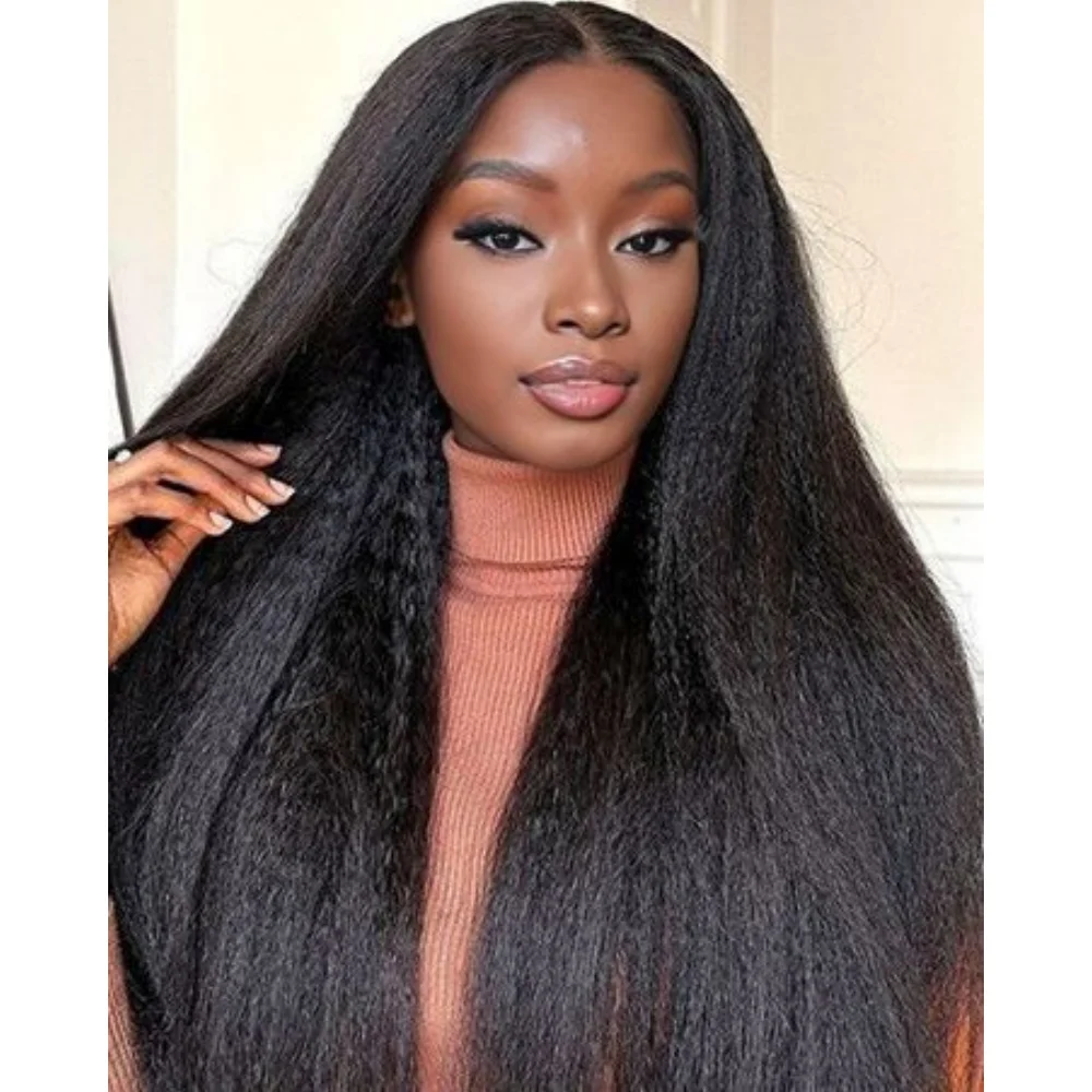 أسود طبيعي ياكي 26 بوصة 180 كثافة شعر طويل ناعم غريب مستقيم الدانتيل شعر مستعار أمامي للنساء شعر الطفل الاصطناعية #3