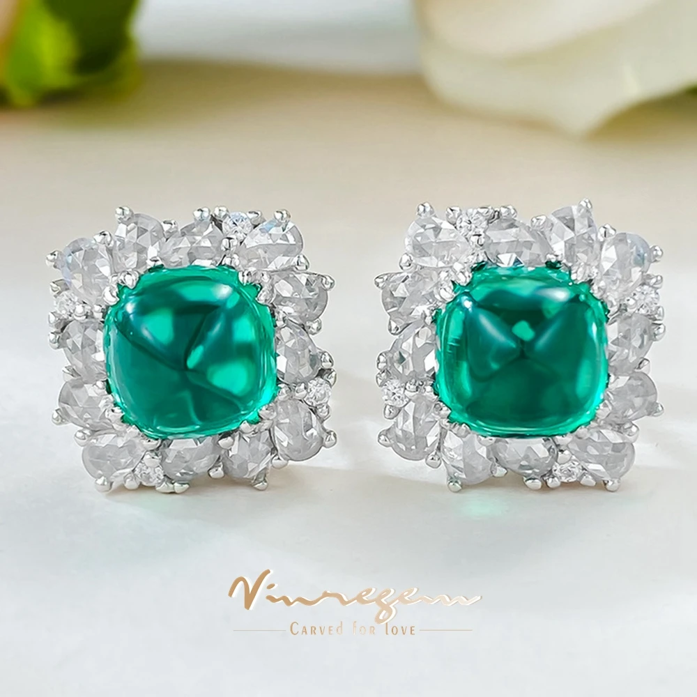 

Vinregem Vintage Elegant 7*7 MM Sugar-loaf Cut Emerald Gemstone Ear Studs Earrings for Women 925 Sterling Silver Wedding Jewelry