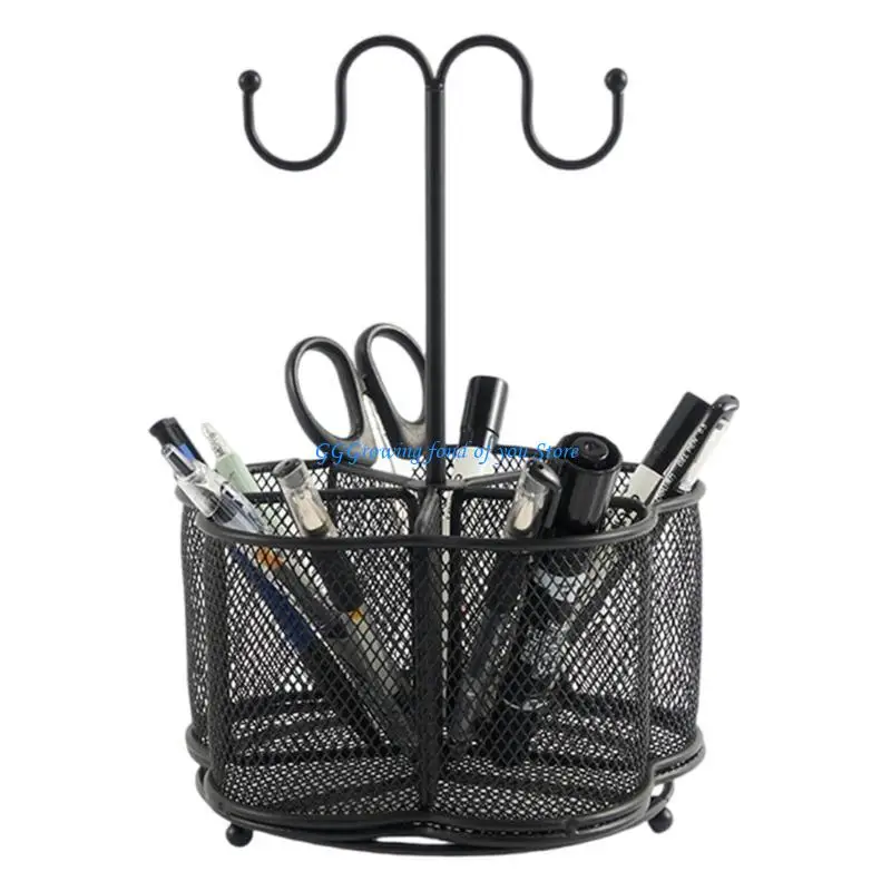

H9EB Metal Mesh Desk Organiser Pen Holder with Keychain Hook and 5 Compartments, Multifunctional Office Desk Organiser