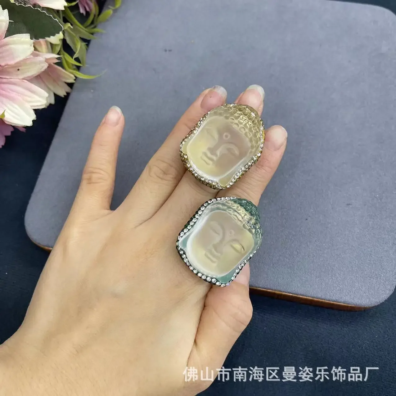 Glazed white crystal Buddha head ring 18K real gold color retention electroplating live mouth adjustable new Chinese jewelry