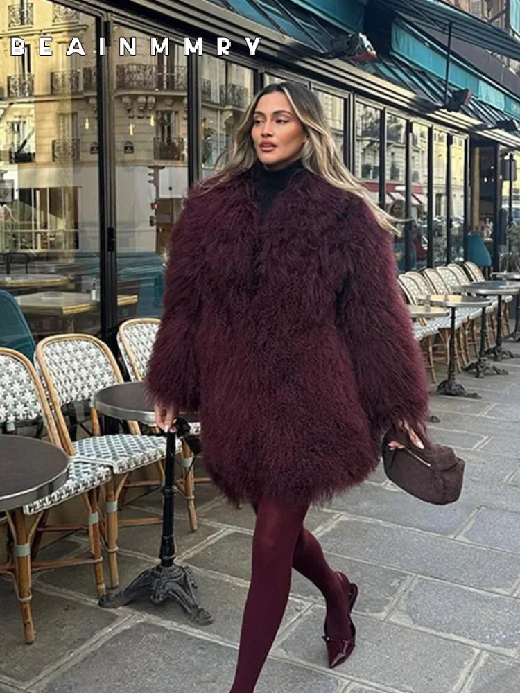 Fashion Wine Red Faux Fur Coats Vintage Lapel Long Sleeves Furry Plush Warm Outerwears Women Casual Winter High Street Outerwear