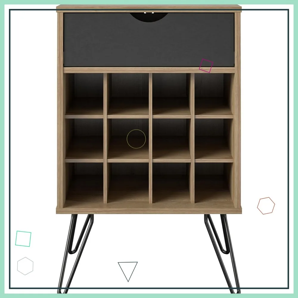 

Modern Beverage Storage Stand with Drawer, Natural Wood and Black Metal Legs for Home Bar