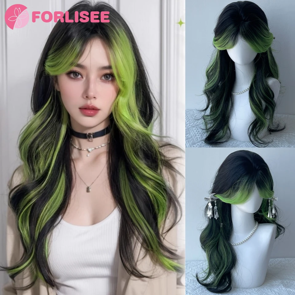 

FORLISEE Green Highlights Wig Female Wavy Rose Hair Net Models in French Bangs High Quality Simulation Hair Synthetic Wig