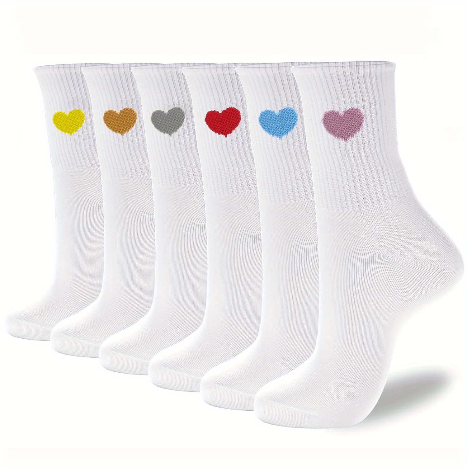 

6 pairs of solid color small heart women's mid tube socks, new, unique and interesting white running sports short socks