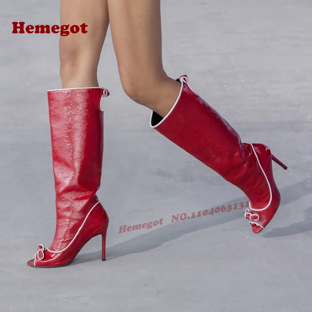 

Red Bows White Border Sandals Open Toe Stiletto Heels Women's Sandals Splicing Back Hole Knee High Runway Shoes Elegant Glossy