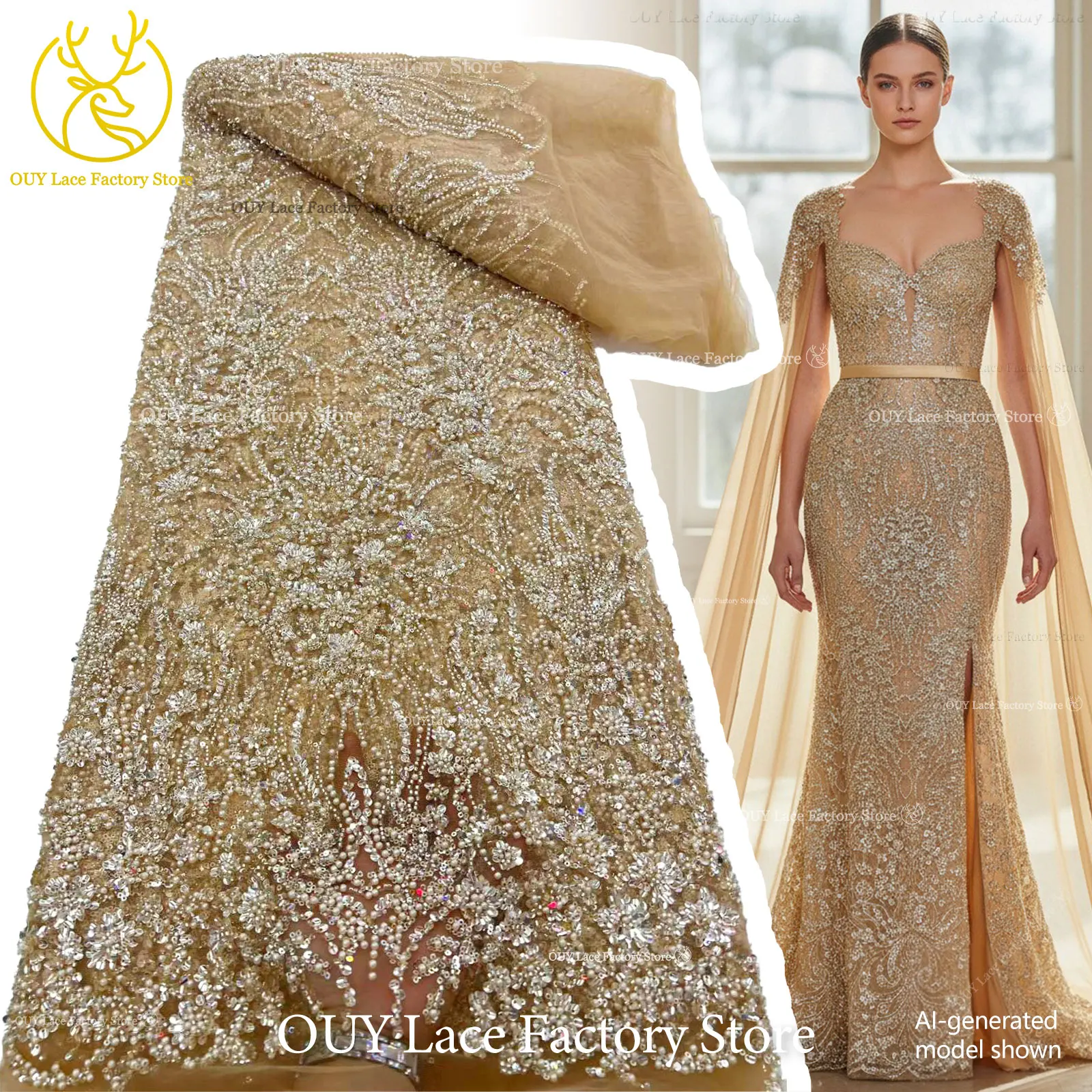 

2026 Africa Groom Beaded Lace Fabric 5 Yards High Quality French Sequin Lace Fabric for Bridal Wedding Evening Dress Sewing