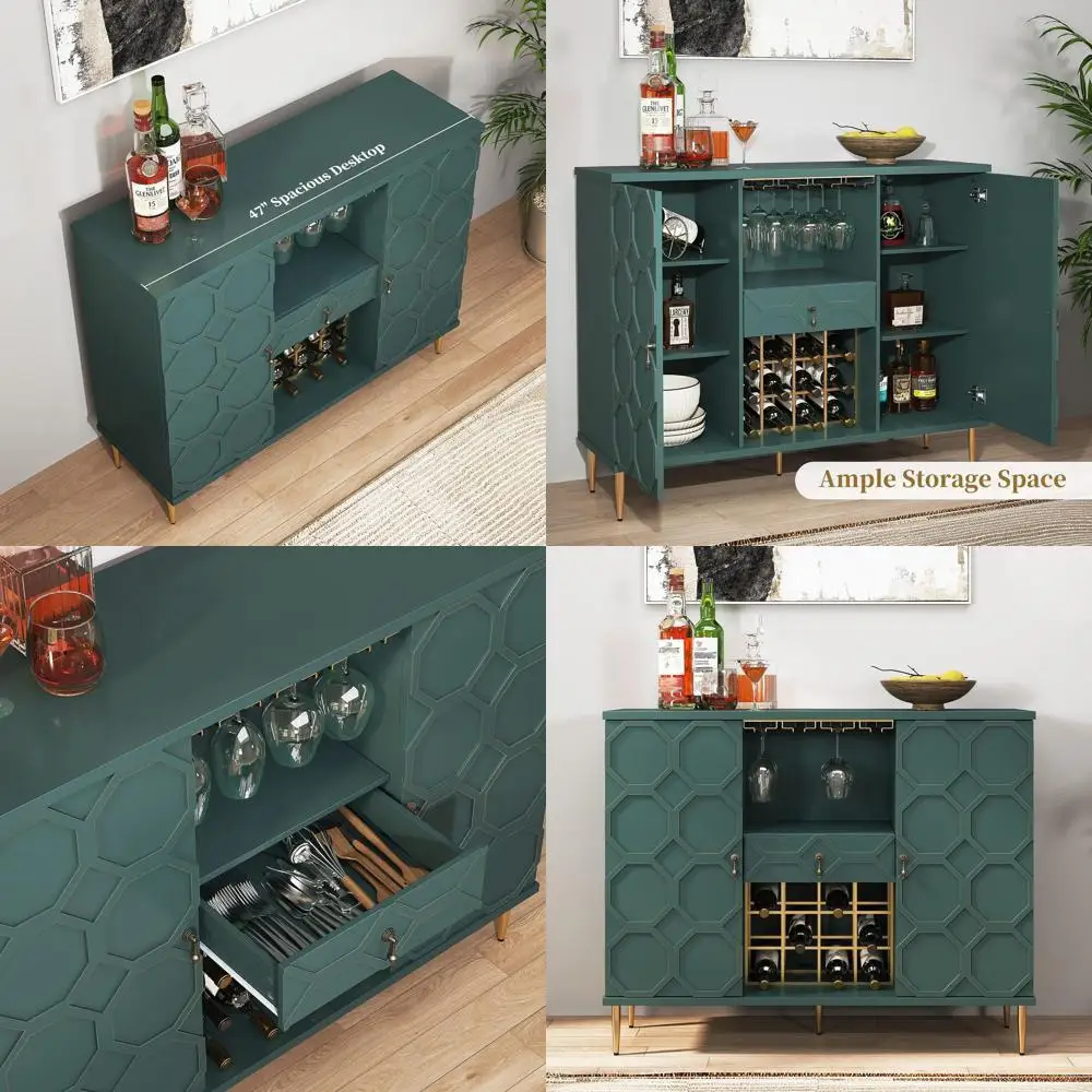 

Зеленый барный шкаф с геометрическим рисунком, стеллажами для бокалов и полками для обеда, гостиной и кухни