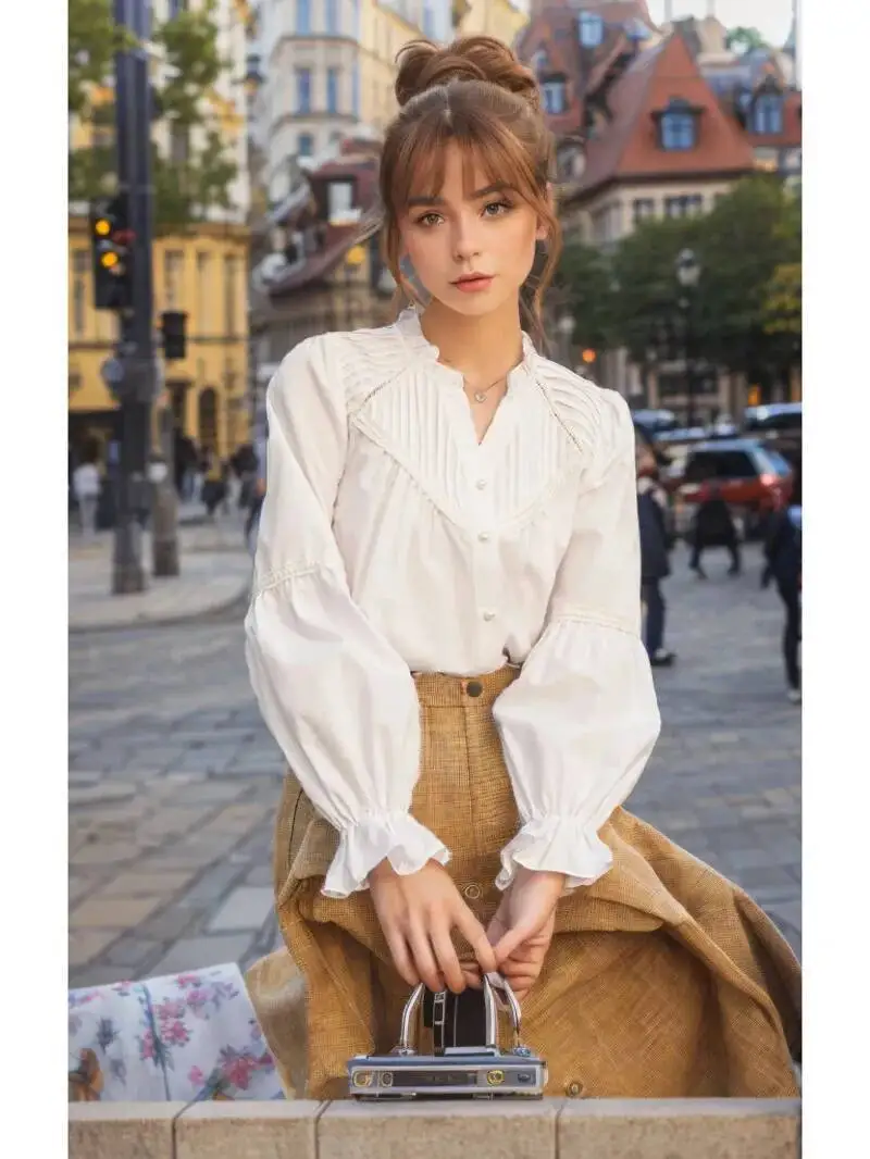 

Французская плиссированная дизайнерская рубашка с v-образным вырезом, весна 2024, лоскутные однобортные топы с рюшами и рукавами-лепестками, однобортные топы с жемчугом M8D1