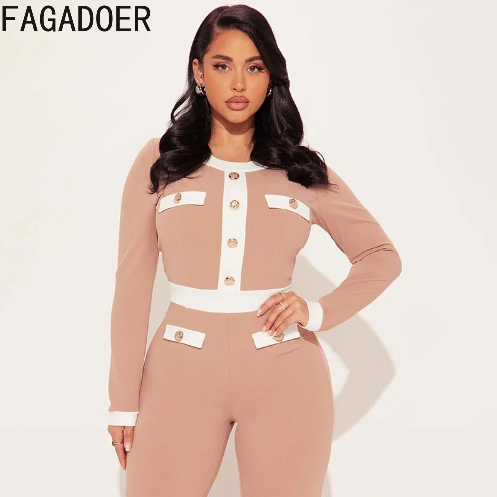 FAGADOER Set Pakaian Wanita Musim Gugur Model Terbaru 2 Potong, Atasan Crop Lengan Panjang Warna Kontras + Celana, Setelan Midnight, Streetwear Wanita