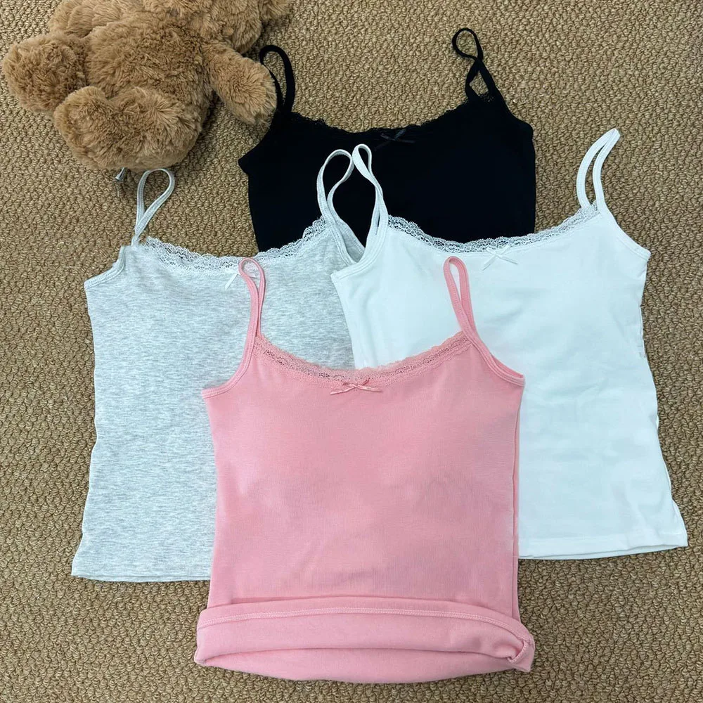 

Sweet Lace Bows Women Camis Summer Crop Tops Sexy Backless Vest with Padded Bm Style Camisole Streetwear Female Tank Tops