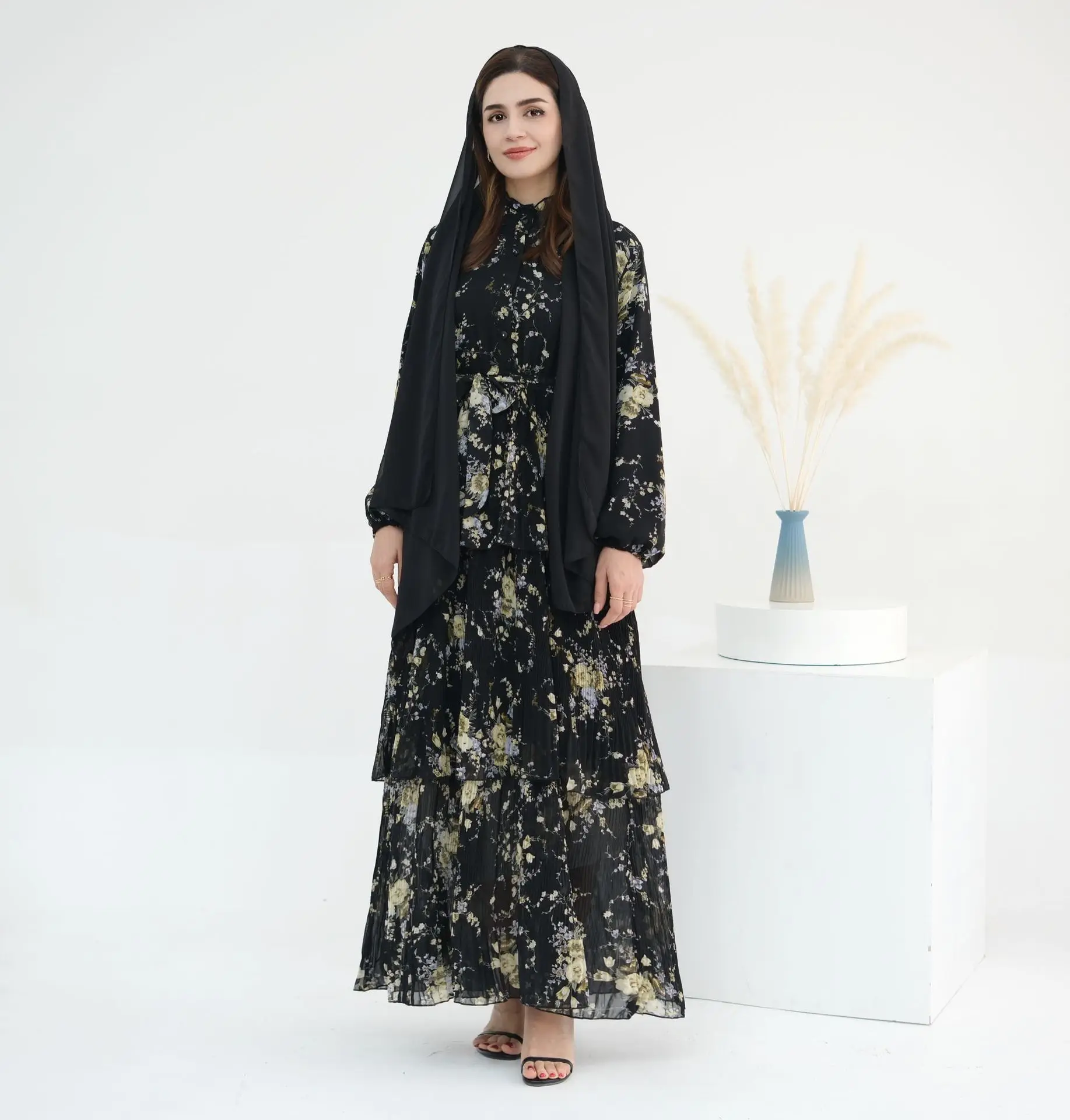 

Eid Muslim Fashion Women Party Dress 3 Layer Chiffon Floral Print Abaya Dubai Jalabiya Islamic Dresses Kaftan Arab Hijab Robe