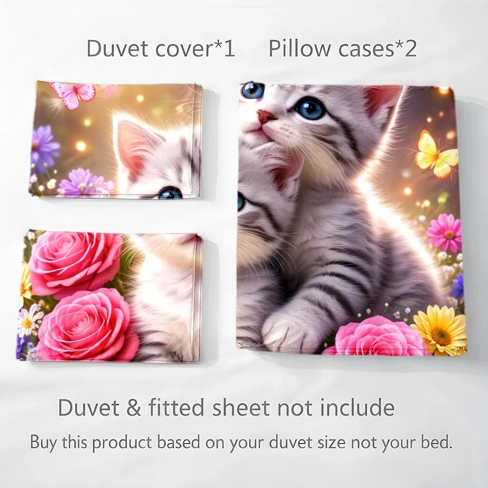 3Pcs Cute Cat and Floral Pattern Duvet Cover Set with 1Pc Duvet Cover and 2Pcs Pillowcases Bedding Accessories Quilt Cover view 5