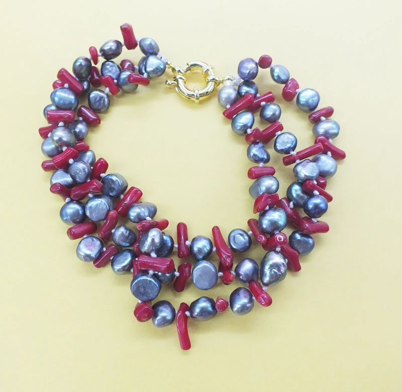 

Classic 3 Row Bracelet, AAA Black Natural Baroque Pearl, Natural Irregular Coral, Bracelet 8.5"
