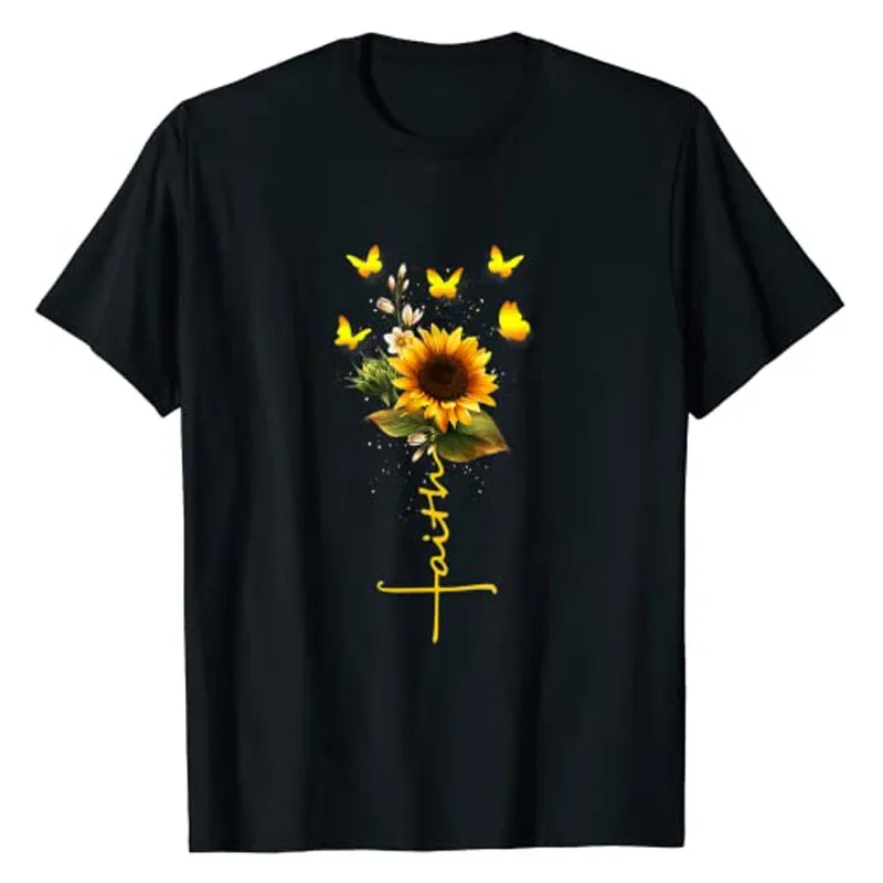 

Vintage Faith Cross Sunflower Butterflies Flowers Christians T-Shirt Jesus Apparel Graphic Tee Aesthetic Clothes Y2k Tops Gifts