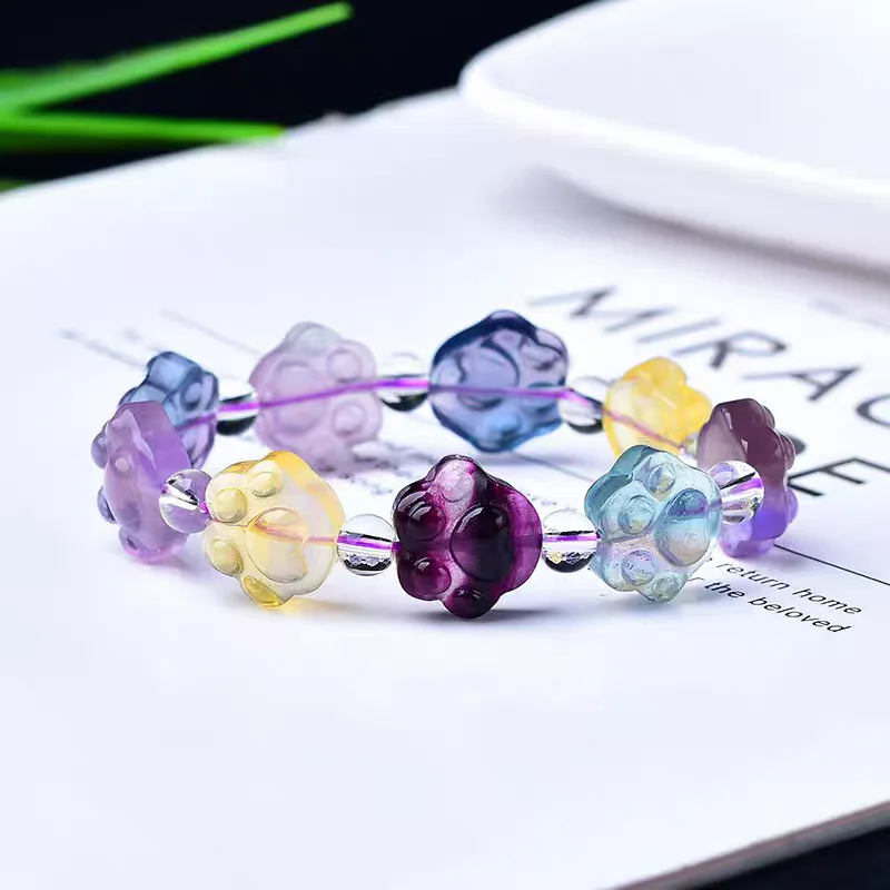 Natural Colorful Fluorite Crystal Cat Paw Bracelet Clear Beads Crystal Fluorite 14x14mm Women Men AAAAA