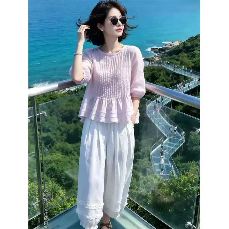Women Clothing Summer Korean Fashion Simplicity All-match Sweet Young Style Appear Thin O-neck Female Short Sleeve Loose Top Tee