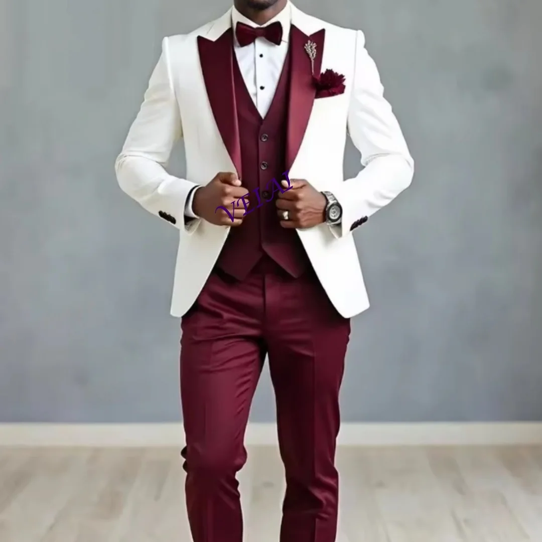 

CustomizedWhite And Red Formal Men Suit Groom Groomsman Wedding Party Prom Business Male Tuxedos 3 Piece Set Blazer Vest Pants
